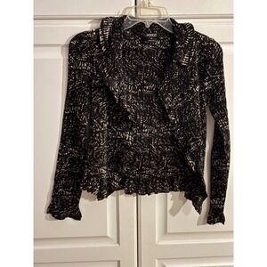 Veeca Womens Black White Abstract Print Pleated Long Sleeve Shirt Top XS‎